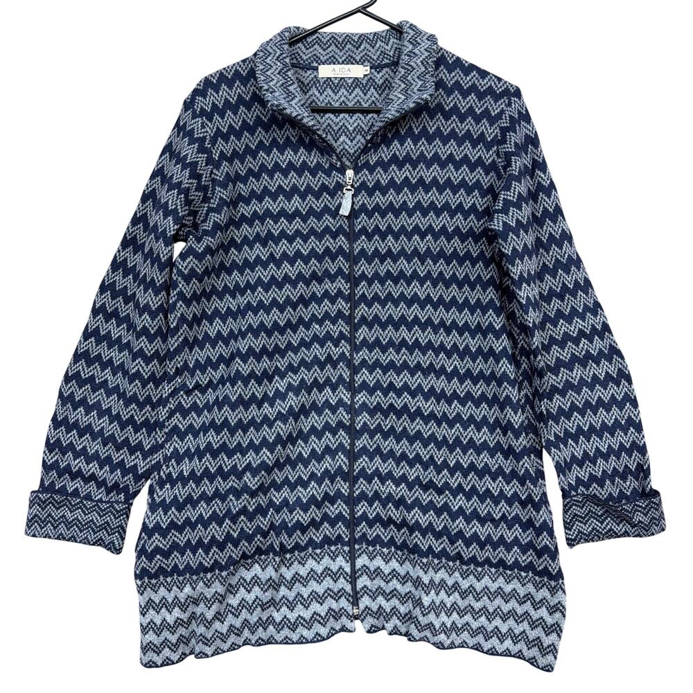 A. Ida AIDA Womens Sweater Blue Gray Zigzag Full Zip Wool Cuffed Long Sleeve M